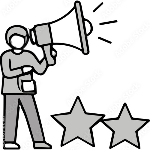 Announcer Holding Megaphone Making Announcement Next To Two Stars In Black And White Style