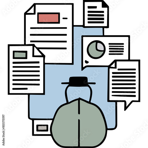 Anonymous Figure in Hat and Coat Surrounded by Documents Charts and Graphs Representing Data Analysis and Information Overload on a Light Blue Background Simple Flat Design