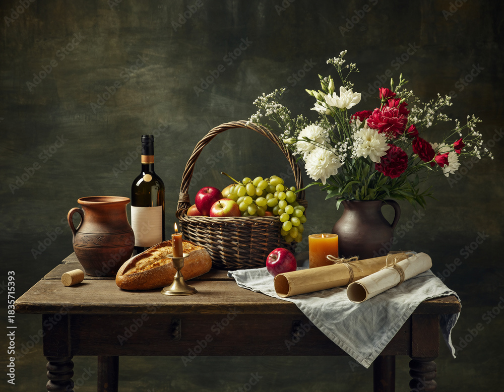 custom made wallpaper toronto digitalRustic fine art still life with clay pottery, wine bottle, wicker basket of fruit, bread, flowers, and candle on wooden table