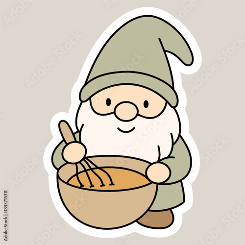 Cozy gnome stirring dough in a bowl. Perfect for baking-themed stickers and kitchen illustrations.