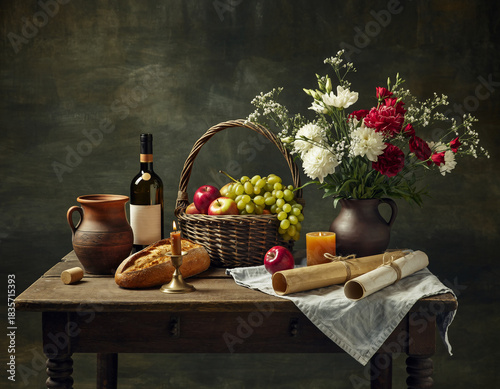 Wallpaper Mural Rustic fine art still life with clay pottery, wine bottle, wicker basket of fruit, bread, flowers, and candle on wooden table Torontodigital.ca