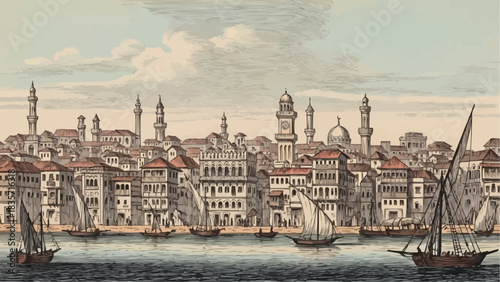 Skyline of Stone Town in Zanzibar City, Tanzania - 19th Century stock illustration