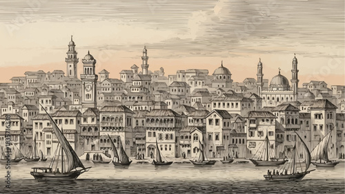 Skyline of Stone Town in Zanzibar City, Tanzania - 19th Century stock illustration