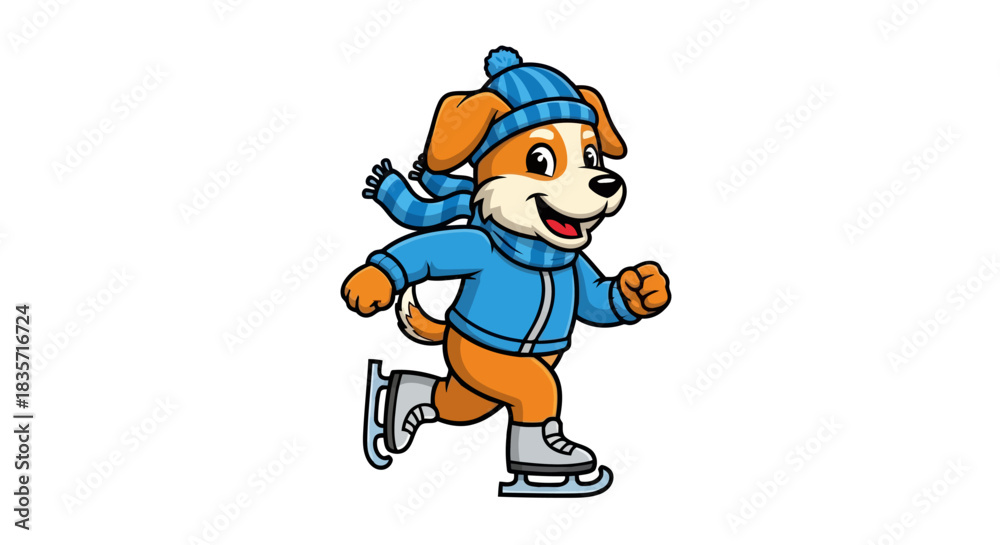 Naklejka premium Happy cartoon dog ice skating in winter clothes vector illustration, cute puppy character wearing hat and scarf enjoying winter sport on white background