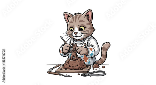 Adorable cartoon cat artist meticulously sculpting clay figure, wearing paint-splattered apron, focused on creation with various tools around on wooden board