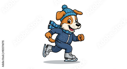 A cheerful cartoon dog in a blue winter hat and striped scarf is ice skating, wearing a blue tracksuit and silver ice skates, moving dynamically across ice