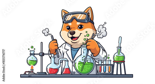 Diligent shiba inu dog scientist wearing a lab coat and safety goggles conducting an experiment with bubbling green and red liquids in various laboratory glassware