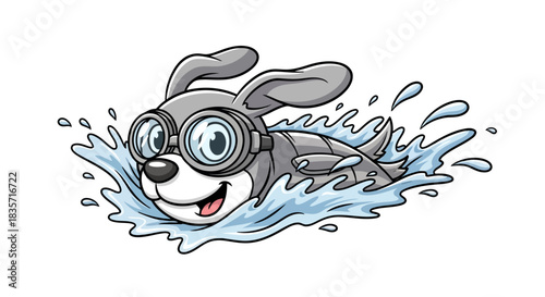 Happy cartoon dog swimming underwater with goggles vector illustration, cute puppy character playing in water with splashes, joyful animal in aquatic activity isolated on white