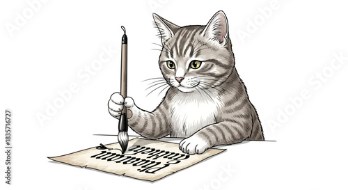 Cute cartoon cat writing calligraphy with brush and parchment vector illustration, adorable tabby kitten learning art of beautiful handwriting on white background