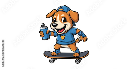 Cool cartoon dog skateboarding with spray can vector illustration, cute puppy character wearing cap and t-shirt performing tricks on board on white background