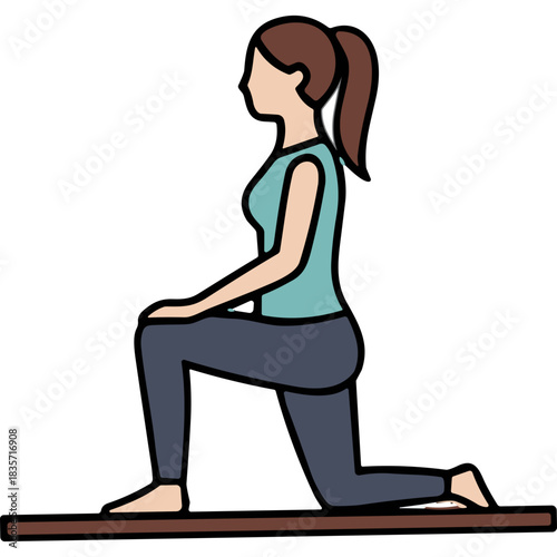 Athletic Woman Performing A Lunge Stretch Exercise On A Dark Mat Wearing A Teal Tank Top And Dark Leggings Fitness And Wellness Activity