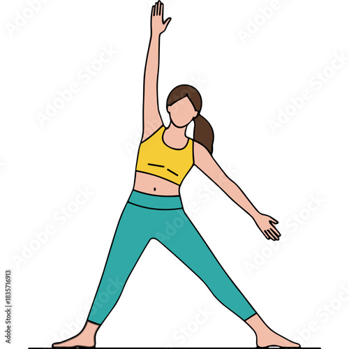 Athletic Woman in Yellow Sports Bra and Teal Leggings Performing Triangle Pose in Yoga Class Healthy Lifestyle
