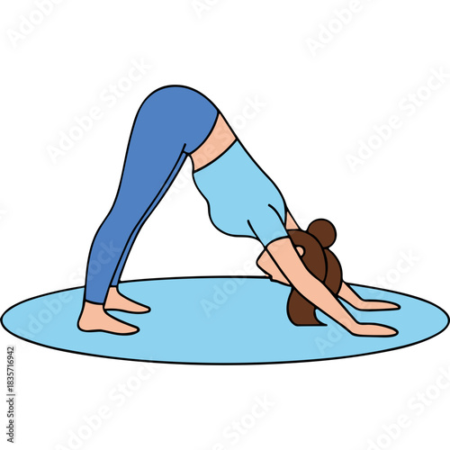Athletic woman with brown hair in a light blue t-shirt and blue leggings performs downward facing dog yoga pose on a light blue mat against a black background demonstrating flexibility and balance