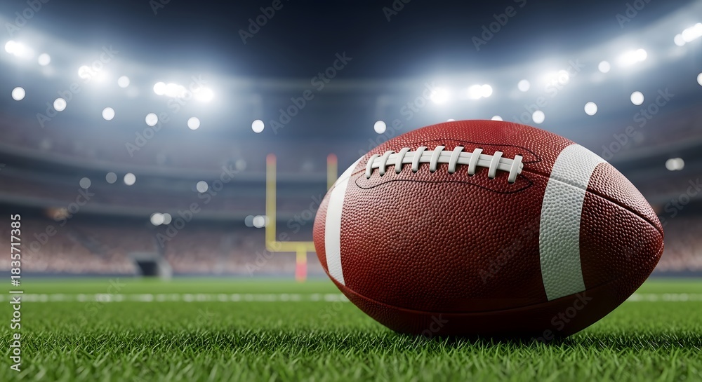 Obraz premium American football on a vibrant green field with stadium lights and goalposts, representing a college bowl finals championship concept