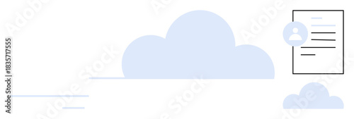 Data storage, document management, cloud computing, remote access, online identity, digital recordkeeping. A cloud with a user profile and document icon. Data storage and document management concepts