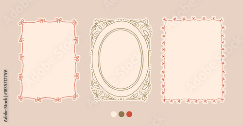 Christmas frames set with cozy cottagecore aesthetic decorative elements. Retro hand drawn charming doodle cottage core border. Vintage Christmas postmark, stamp
