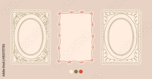 Christmas frames set with cozy cottagecore aesthetic decorative elements. Retro hand drawn charming doodle cottage core border. Vintage Christmas postmark, stamp