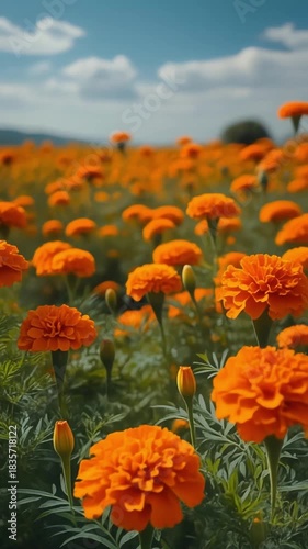 Vivid Marigold Flowers Blooming in Bright Garden Under Blue Sky with Soft Focus