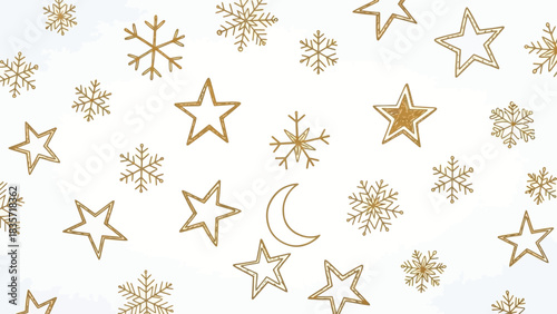 Elegant golden holiday pattern featuring stars, snowflakes and a crescent moon design