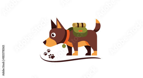 Cartoon dog with backpack & paw prints