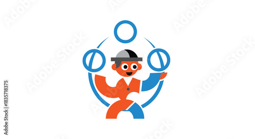 Cartoon of a juggling person, orange body, blue accents, grey hat, with circles rotating around them