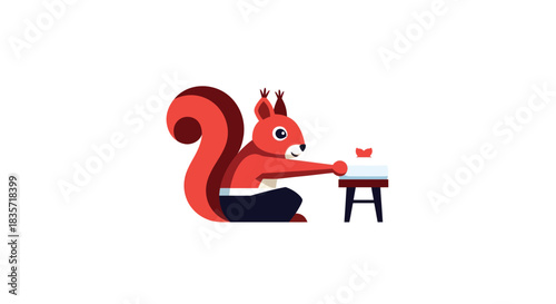 Cartoon squirrel reaching for food on a small table