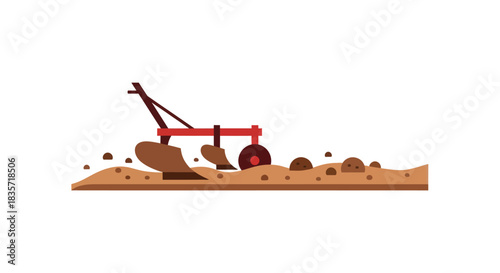 Red plow in soil. Flat illustration. Simple