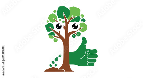 Cute tree with eyes and a green thumbs-up icon symbolizes approval and growth