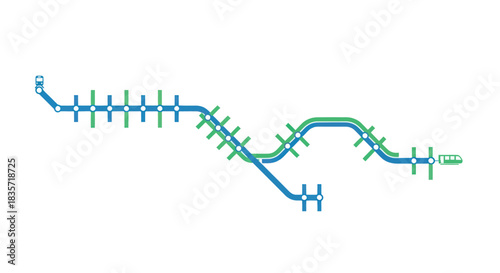 Schematic metro map with blue and green lines