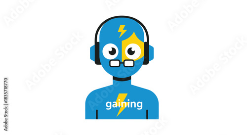 Cartoon figure, blue with lightning bolt, headphones and glasses