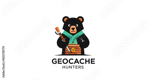 Cartoon bear with scarf holding a staff & treasure chest