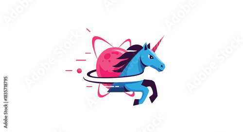 Cartoon unicorn leaps near pink planet with rings
