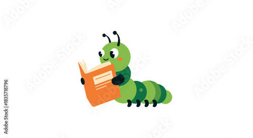 Happy cartoon caterpillar reading a book