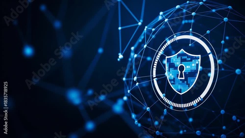 Cybersecurity shield pulsing with network data flow, digital protection animated graphic, data security visual, internet defense motion, privacy safeguard video animation