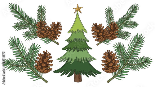 Elegant Christmas Composition: Evergreen Tree with Pine Cones and Fir Branches
