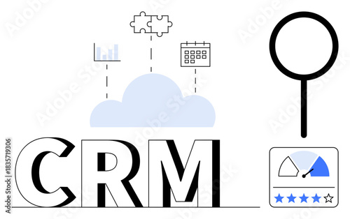 CRM concept. CRM illustrated with cloud technology supporting data analytics, customer metrics, and performance optimization. CRM aids marketing, customer service, strategy, automation, collaboration