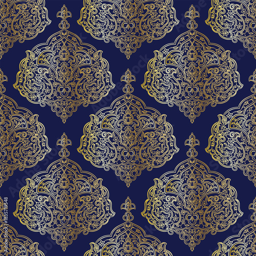 Elegant Gold Outline Arabesque Seamless Pattern on Dark Blue