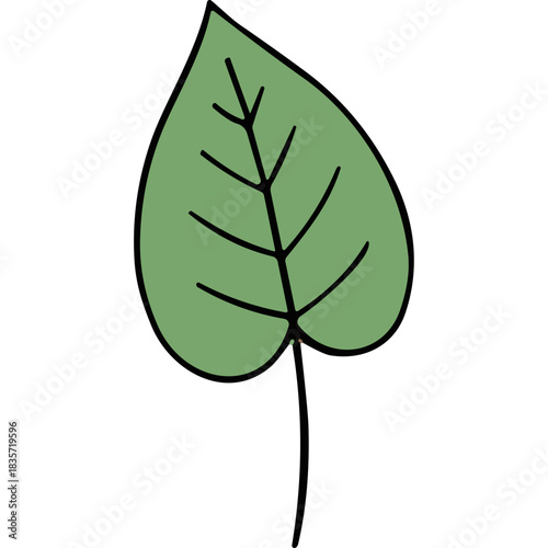A single stylized green leaf with a black stem and simple veins against a stark black background representing nature and simplicity