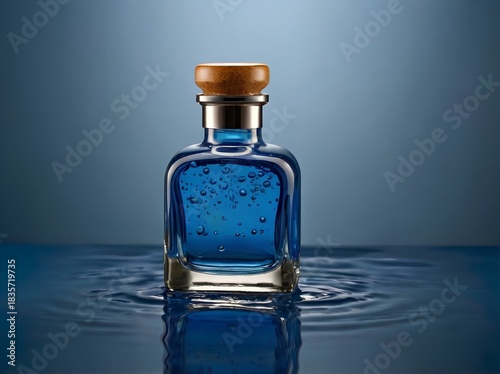 Blue glass bottle with bubbles, wooden stopper, and water ripples