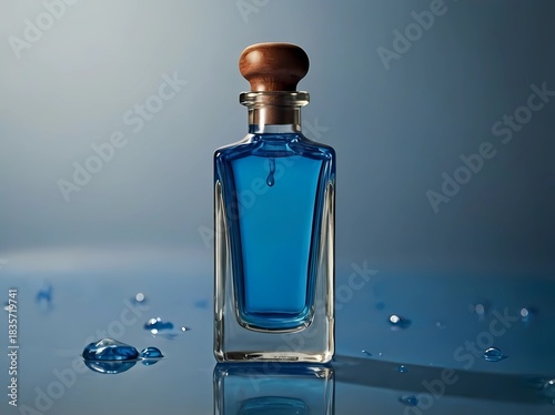 Elegant glass bottle with blue liquid, wooden stopper, and clear water droplets