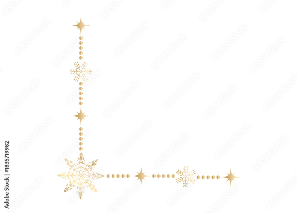 Naklejka premium Decorative gold snowflake corner trim with small sparkling stars. Minimal elegant holiday border for invitations, stationery, festive branding and winter graphic projects. Vector illustration.