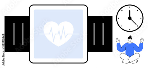 Health monitoring, fitness tracking, mindfulness, meditation, digital healthcare, time management. Smartwatch with heart symbol, clock person meditating. Health monitoring and fitness tracking