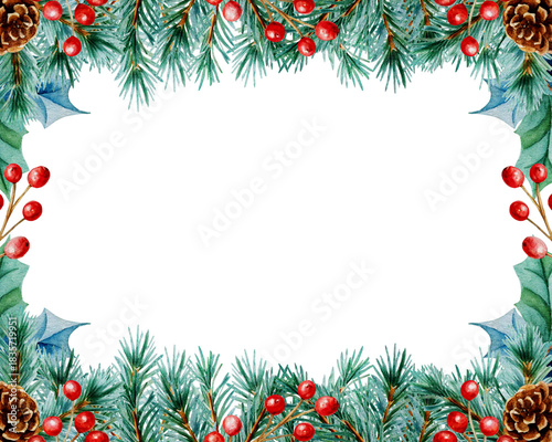 Watercolor Christmas frame with pine branches, red berries, and pine cones. Festive winter border with center space for text, no background, ideal for Christmas greeting cards.