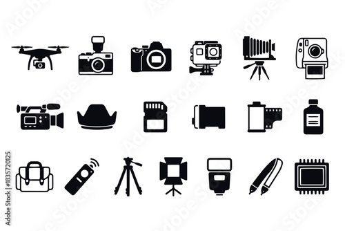 Camera Icons Set black and white vector design 
