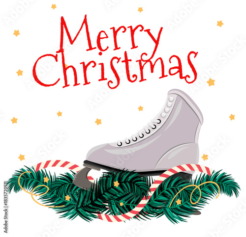 Festive illustration of an ice skate decorated with holly, pine needles, bells and holiday elements. Ideal for Christmas cards, winter artwork and seasonal decorations.