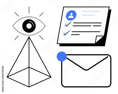 Single eye atop a pyramid symbolizing vision, sheet with checklist and profile icon for task organization, envelope for communication. Ideal for leadership, planning, teamwork, messaging, branding