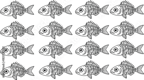 Cartoon fish skeleton pattern illustration, black and white seafood icon, bone structure design, repetitive grid layout, vector marine artwork