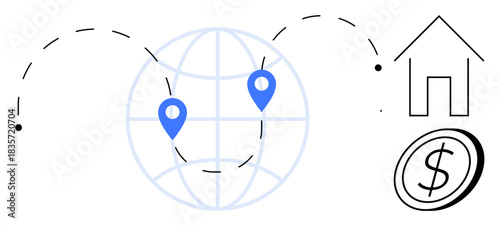 Global transactions, international banking, e-commerce, network connectivity, financial technology, remote services. World map with location pins, house and money symbol. Global transactions