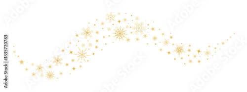 Wavy holiday border made of gold snowflakes and shiny stars. Premium winter ornament for greeting cards, banners, packaging and seasonal design projects. Vector artwork.