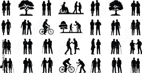Silhouette illustration of people trees bicycles, walking talking helping posing, outdoor activity icon set, black vector design, human connection